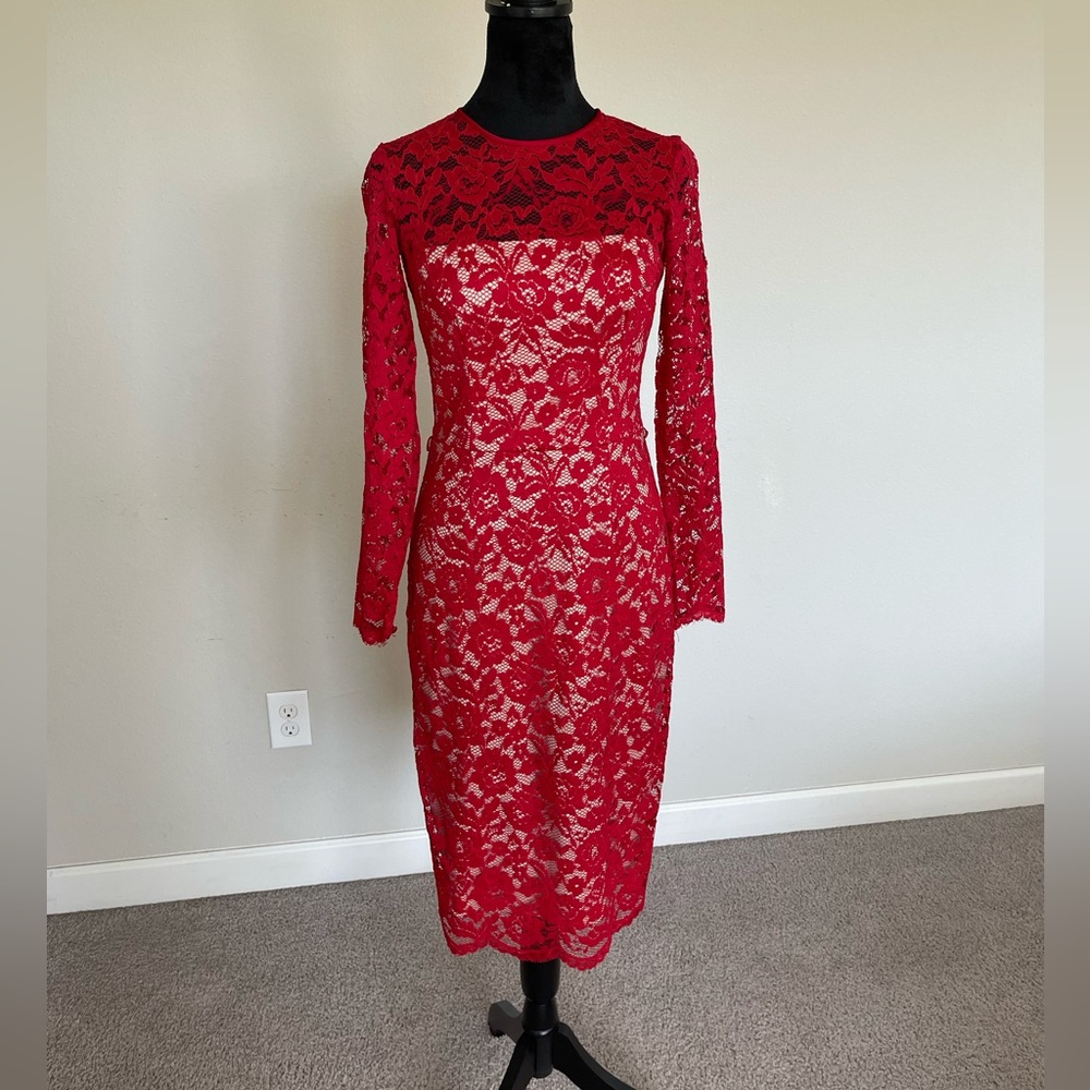Gorgeous Red Lace Long Sleeve Dress by Maggy London (belt not included)